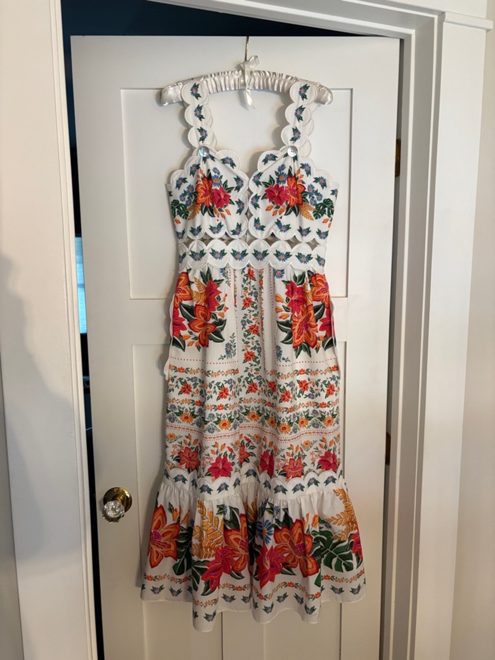 Farm Rio Bloom Garden White Floral Cutout Midi Dress with Scalloped Straps